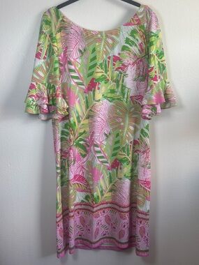 Pappagallo Pink & Green Tropical Leaf Midi Shift Dress with Ruffled Sleeves